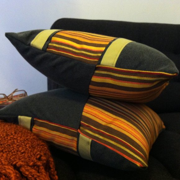 Stripped Orange & Gray, Handmade Decorative Pillow Cover, 14X18 - Picture 3 of 6